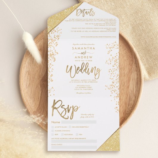 Chic gold glitter confetti white bruiloft all in one uitnodiging