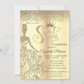 Chic Gold Glitter Dress, Tiara, Diamonds Sweet 16 Kaart (Voorkant)