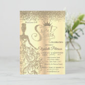 Chic Gold Glitter Dress, Tiara, Diamonds Sweet 16 Kaart (Staand voorkant)