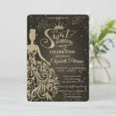 Chic Gold Glitter Dress, Tiara Quinceañera Kaart (Staand voorkant)