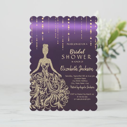 Chic Gold Glitter Dress Violet Vrijgezellenfeest Kaart (Staand voorkant)