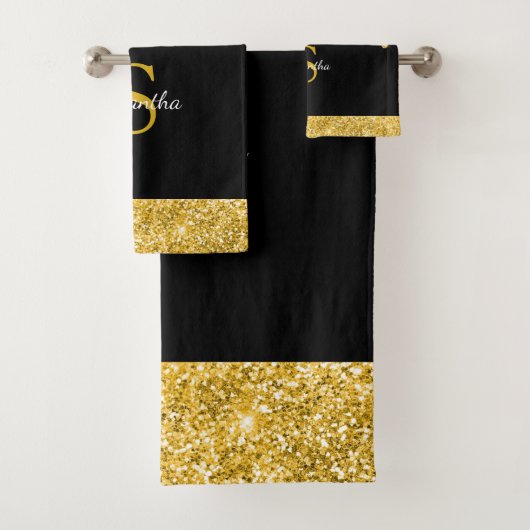 Chic Gold Glitter Drift Sparkle Black Monogram Bad Handdoek (Insitu)
