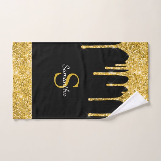 Chic Gold Glitter Drift Sparkle Black Monogram Bad Handdoek (Handdoek)