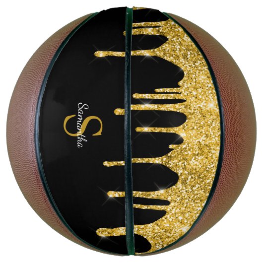 Chic Gold Glitter Drift Sparkle Black Monogram Basketbal (Verticaal)