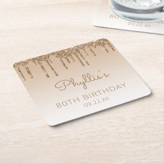 Chic Gold Glitter Drip 80th Birthday Party Kartonnen Onderzetters (Schuin)