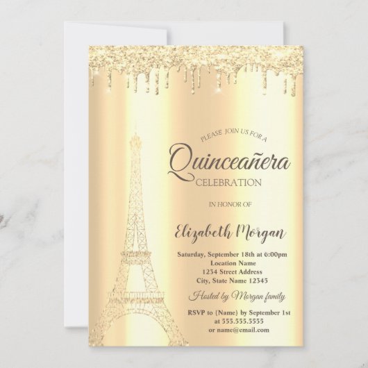 Chic Gold Glitter Eiffel Tower, Drivers Quinceañer Kaart (Voorkant)