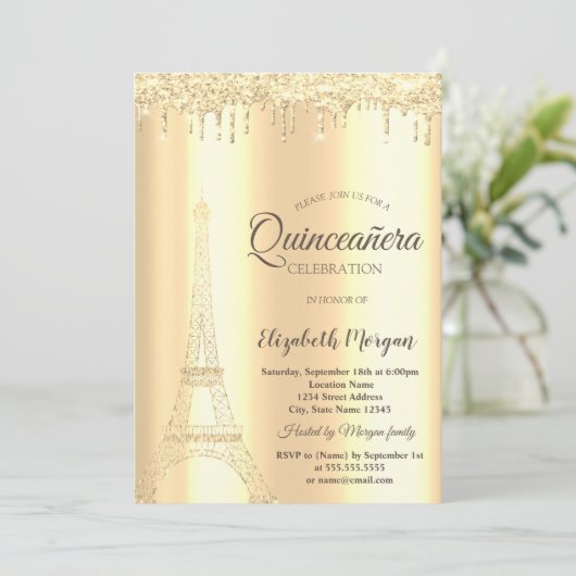 Chic Gold Glitter Eiffel Tower, Drivers Quinceañer Kaart (Staand voorkant)