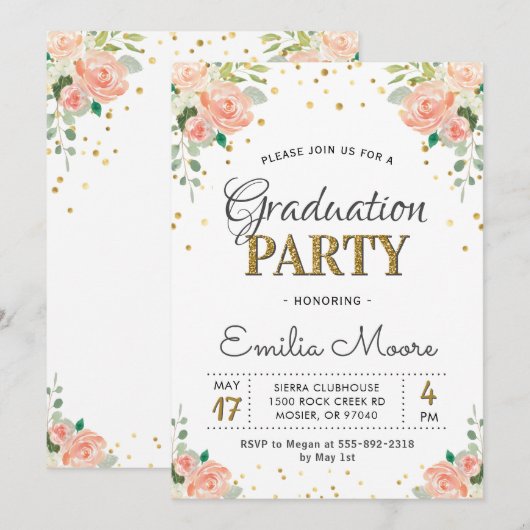 Chic Gold Glitter Floral Peony Afstudeerfeest Kaart (Voorkant / Achterkant)