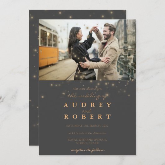 Chic Gold Glitter Gray Photo Wedding Kaart (Voorkant / Achterkant)