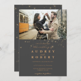 Chic Gold Glitter Gray Photo Wedding Kaart