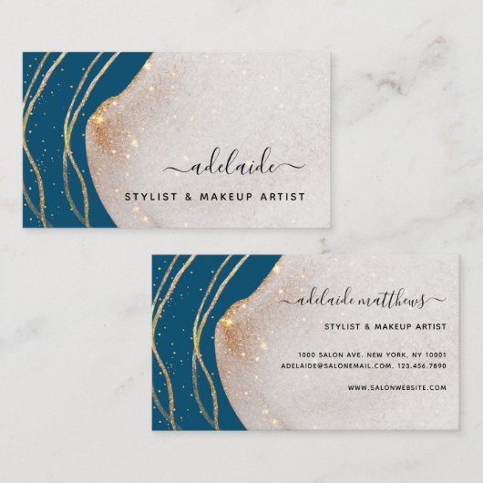 Chic Gold Glitter Handtekening Blue Agate Script N Visitekaartje (Voorkant / Achterkant)