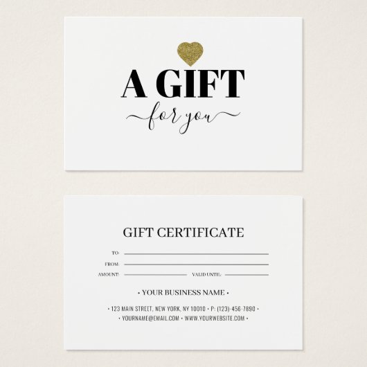 Chic Gold Glitter Heart Gift Certificate Kaart (Voorkant /achterkant)