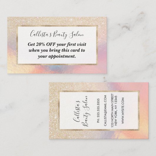 Chic Gold Glitter Iridescent Holographic Gradient Kortingskaartje (Voorkant / Achterkant)