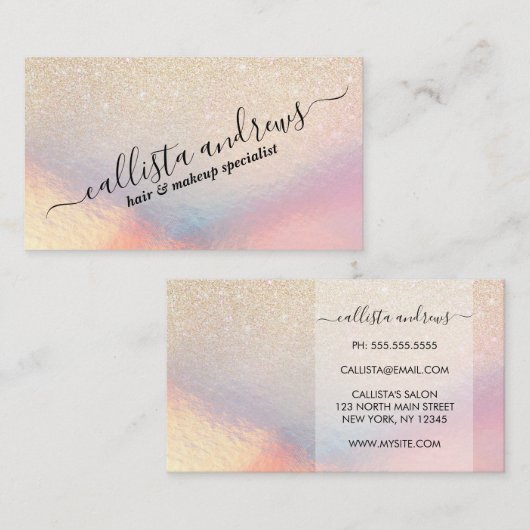 Chic Gold Glitter Iridescent Holographic Gradient Visitekaartje (Voorkant / Achterkant)