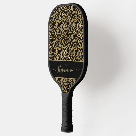 Chic Gold Glitter Leopard Animal Print Monogram Pickleball Paddle (Links)
