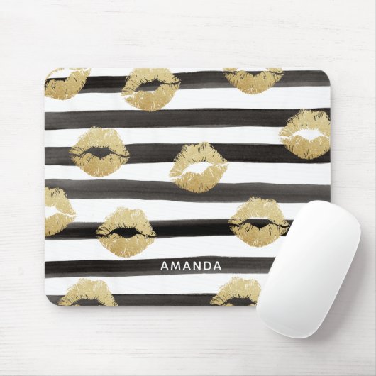 Chic Gold Glitter Lips & Black Stripes Monogram Muismat (Met muis)