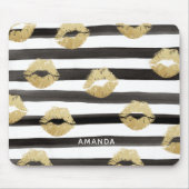 Chic Gold Glitter Lips & Black Stripes Monogram Muismat (Voorkant)