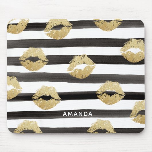 Chic Gold Glitter Lips & Black Stripes Monogram Muismat (Voorkant)