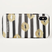 Chic Gold Glitter Lips & Stripes Monogram Case-Mate iPhone Case (Achterkant (horizontaal))