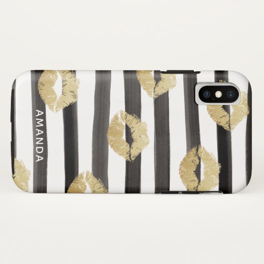 Chic Gold Glitter Lips & Stripes Monogram Case-Mate iPhone Case (Achterkant (horizontaal))