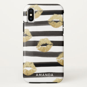 Chic Gold Glitter Lips & Stripes Monogram Case-Mate iPhone Case