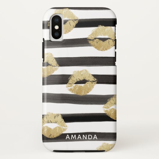 Chic Gold Glitter Lips & Stripes Monogram Case-Mate iPhone Case (Achterkant)