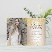Chic Gold glitter metallic foto Sweet 16 Kaart (Staand voorkant)