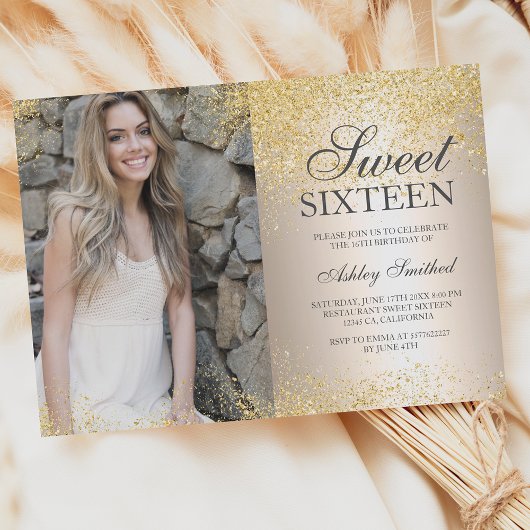 Chic Gold glitter metallic foto Sweet 16 Kaart
