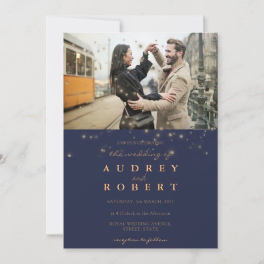 Chic Gold Glitter Navy Blue Photo Wedding Kaart (Voorkant)