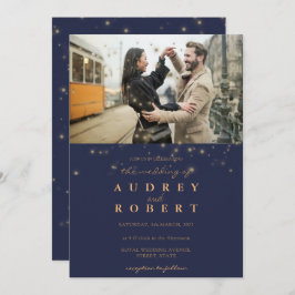 Chic Gold Glitter Navy Blue Photo Wedding Kaart
