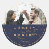 Chic Gold Glitter Navy Blue Photo Wedding Ronde Sticker (Voorkant)