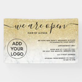 Chic gold glitter ombre logo marmer We zijn open Spandoek
