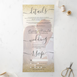 Chic gold glitter ombre white script foto bruiloft drieluik uitnodiging