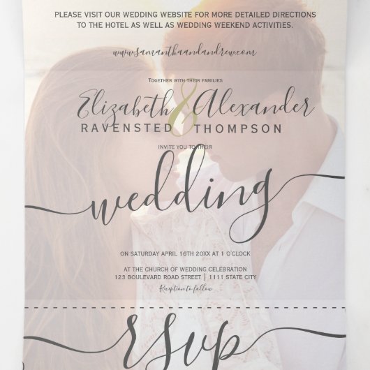 Chic gold glitter ombre white script foto bruiloft drieluik uitnodiging (Binnenkant midden)