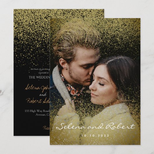 Chic Gold Glitter Overlay Photo Wedding Kaart (Voorkant / Achterkant)