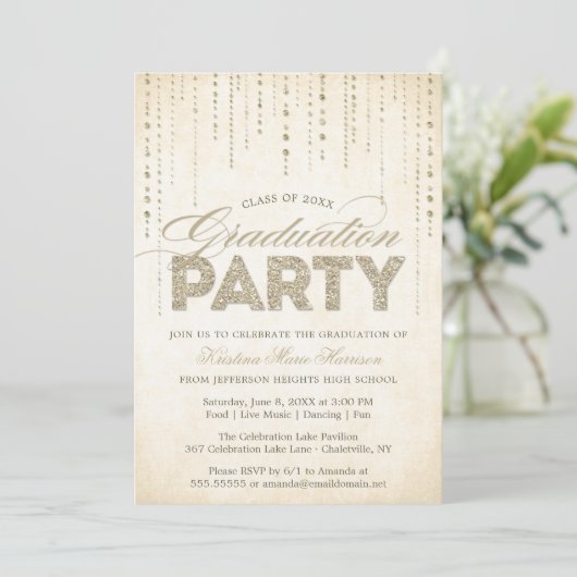 Chic Gold Glitter Pareltjes Afstuderen Kaart (Staand voorkant)