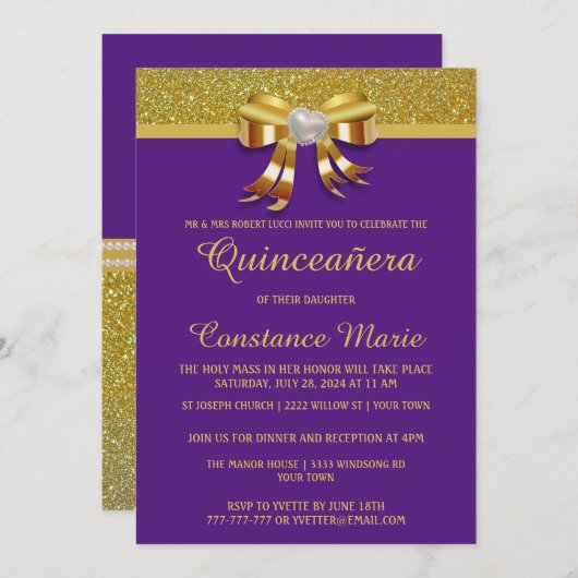 Chic Gold Glitter Quinceanera Uitnodiging (Voorkant / Achterkant)