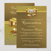 Chic Gold Glitter Quinceanera Uitnodiging (Voorkant / Achterkant)