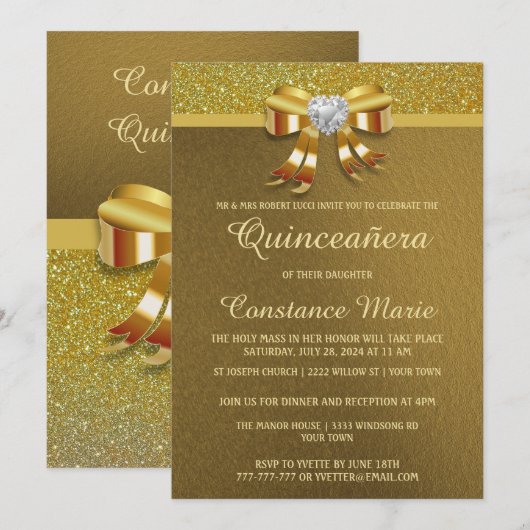 Chic Gold Glitter Quinceanera Uitnodiging (Voorkant / Achterkant)