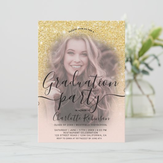 Chic Gold glitter roze ombre 3 foto's afstuderen Kaart (Staand voorkant)