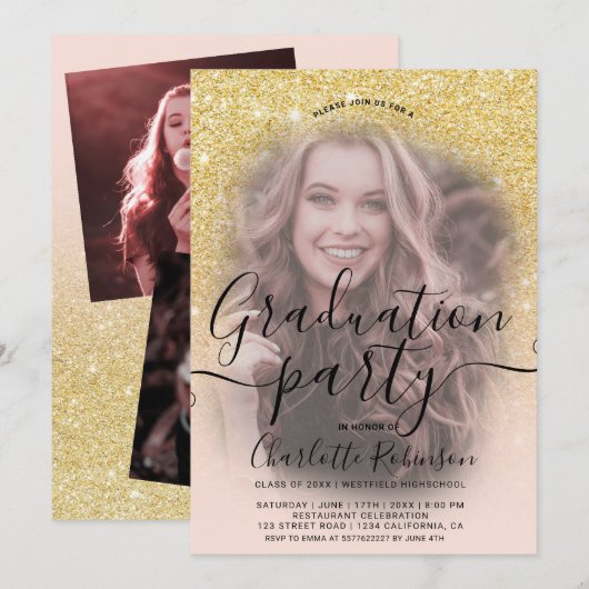 Chic Gold glitter roze ombre 3 foto's afstuderen Kaart (Voorkant / Achterkant)