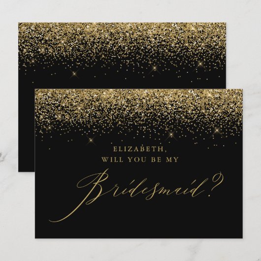 Chic Gold Glitter Script Black Bridesmaid Kaart (Voorkant / Achterkant)