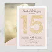 Chic gold glitter script blush quinceanera foto kaart (Voorkant / Achterkant)