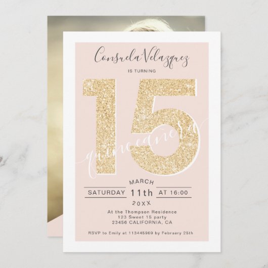 Chic gold glitter script blush quinceanera foto kaart (Voorkant / Achterkant)