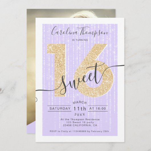 Chic Gold glitter script lavender Sweet 16 foto Kaart (Voorkant / Achterkant)