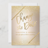 Chic gold glitter script metallic verandering de d save the date (Voorkant)
