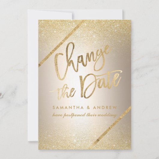 Chic gold glitter script metallic verandering de d save the date (Voorkant)