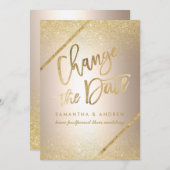 Chic gold glitter script metallic verandering de d save the date (Voorkant / Achterkant)