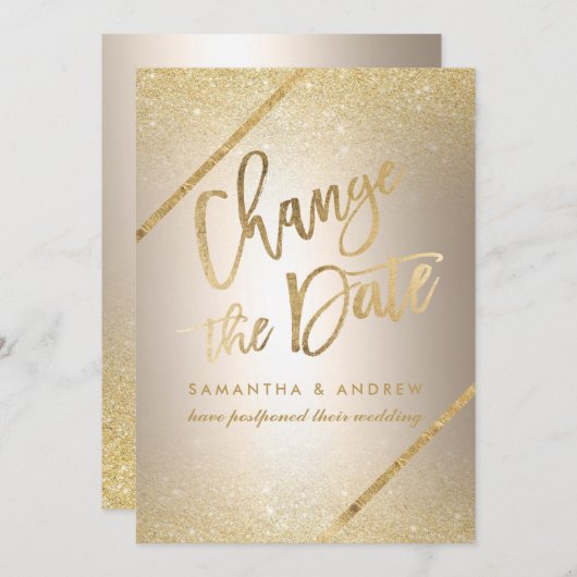 Chic gold glitter script metallic verandering de d save the date (Voorkant / Achterkant)