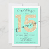 Chic gold glitter script mint quinceanera foto kaart (Voorkant)